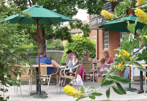 A group of happy people sitting outside a cafe in a garden on a sunny day