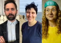 (L to R) Alex Thorpe (white man, dark hair and beard, wears a blue shirt, black jacket and stands against a light brick wall), Kate Lovell (white women, short black hair, wears a blue t-shirt and silver necklace. She stands on a beach), Aisling Gallagher (They have curly, strawberry-blonde hair and wear a green cap that states 'Empower' and a yellow t-shirt).