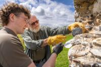 A young man learning 'flint knapping' skills. An older man is showing him how to repair a flint wall