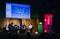 On stage at Conway Hall, London, are Robin Cantrill-Fenwick, Iain Christie, Penny Hansen and Katie Moffat