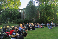 Early arrivals for a 2019 production of "As You Like It" in King's College Fellows' Garden