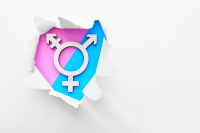 Symbol of transgender symbol visible through torn paper on a pink and blue background