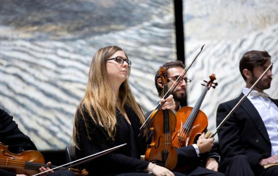 A photo of two violinists looking into the distance