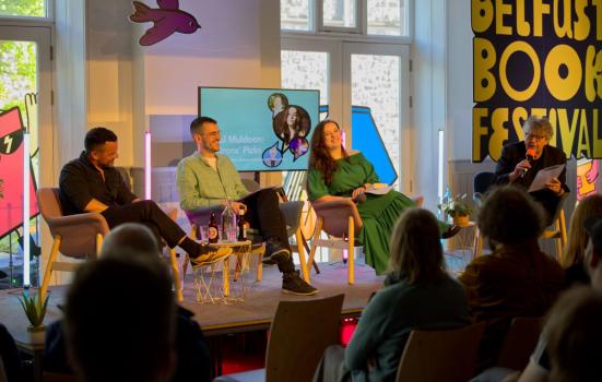 Panellist on stage at the Belfast book festival