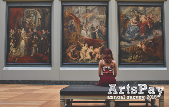 A woman sitting in front of paintings in a gallery