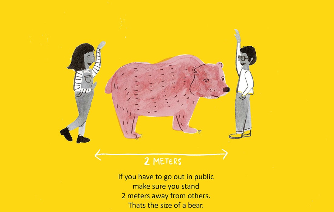 Hand drawn image of two people standing either side of a bear to illustrate the social distance required between two people