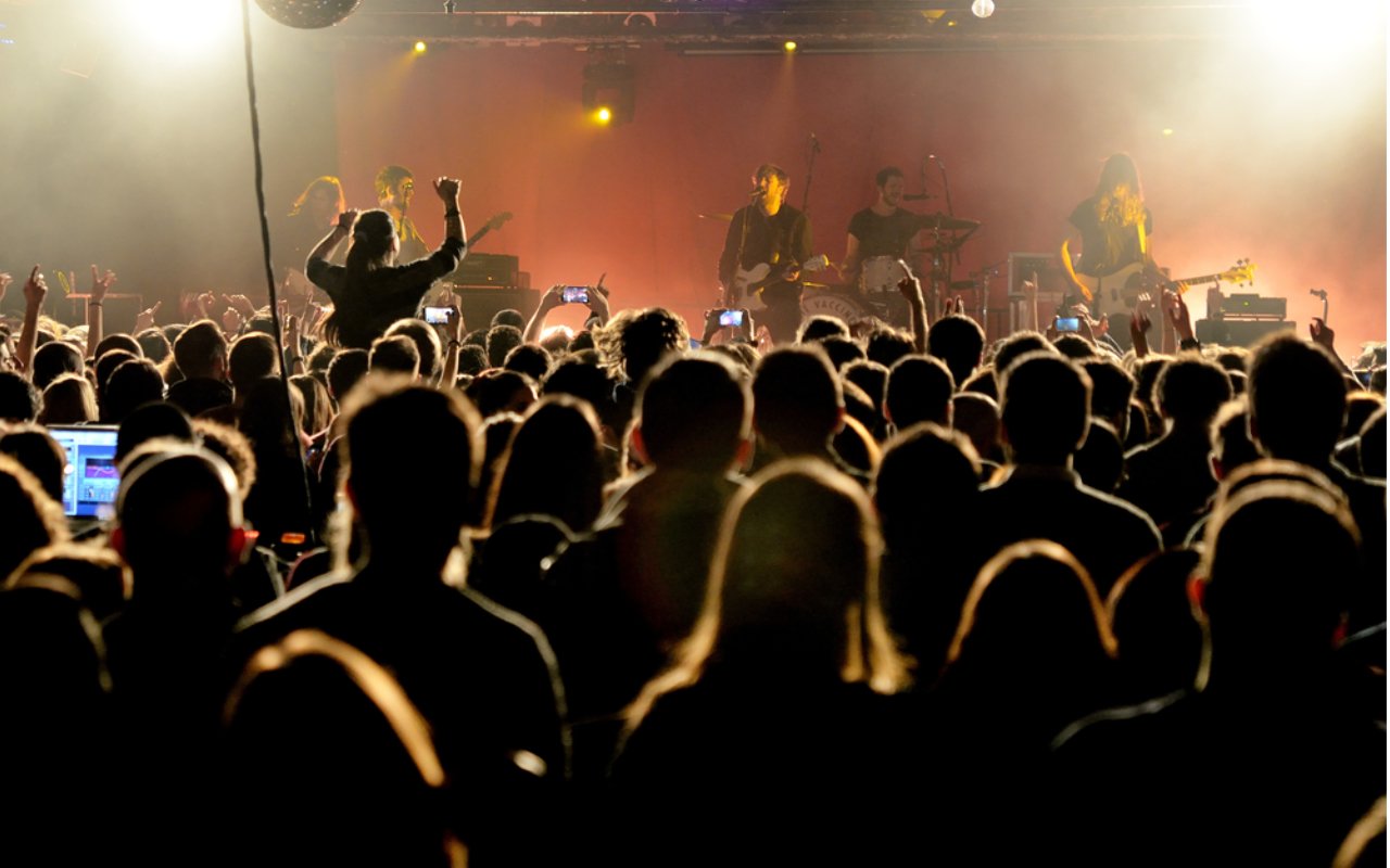 photo of band playing a concert to an audience