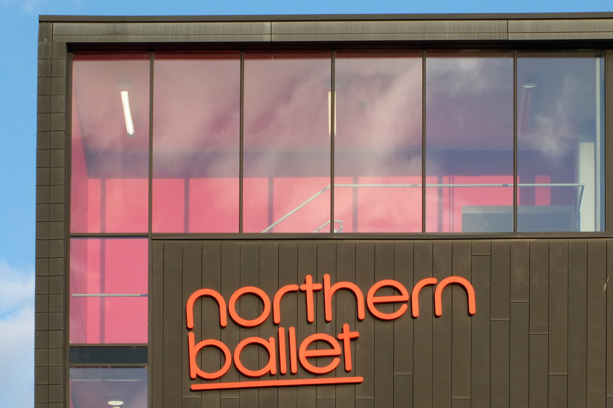 Sign on the front of the Northern Ballet company headquarters building in Quarry Hill, Leeds