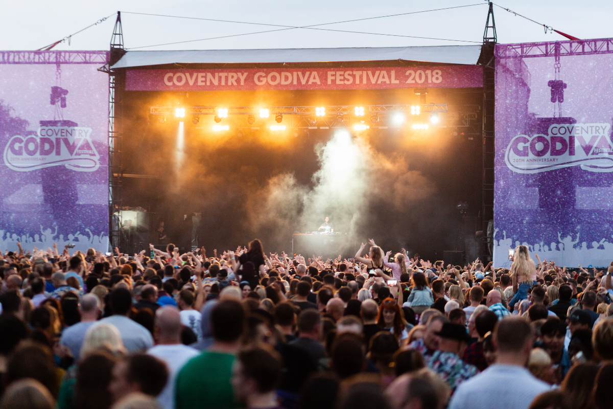 A crowd watching the stage at the Godiva Festival 2018