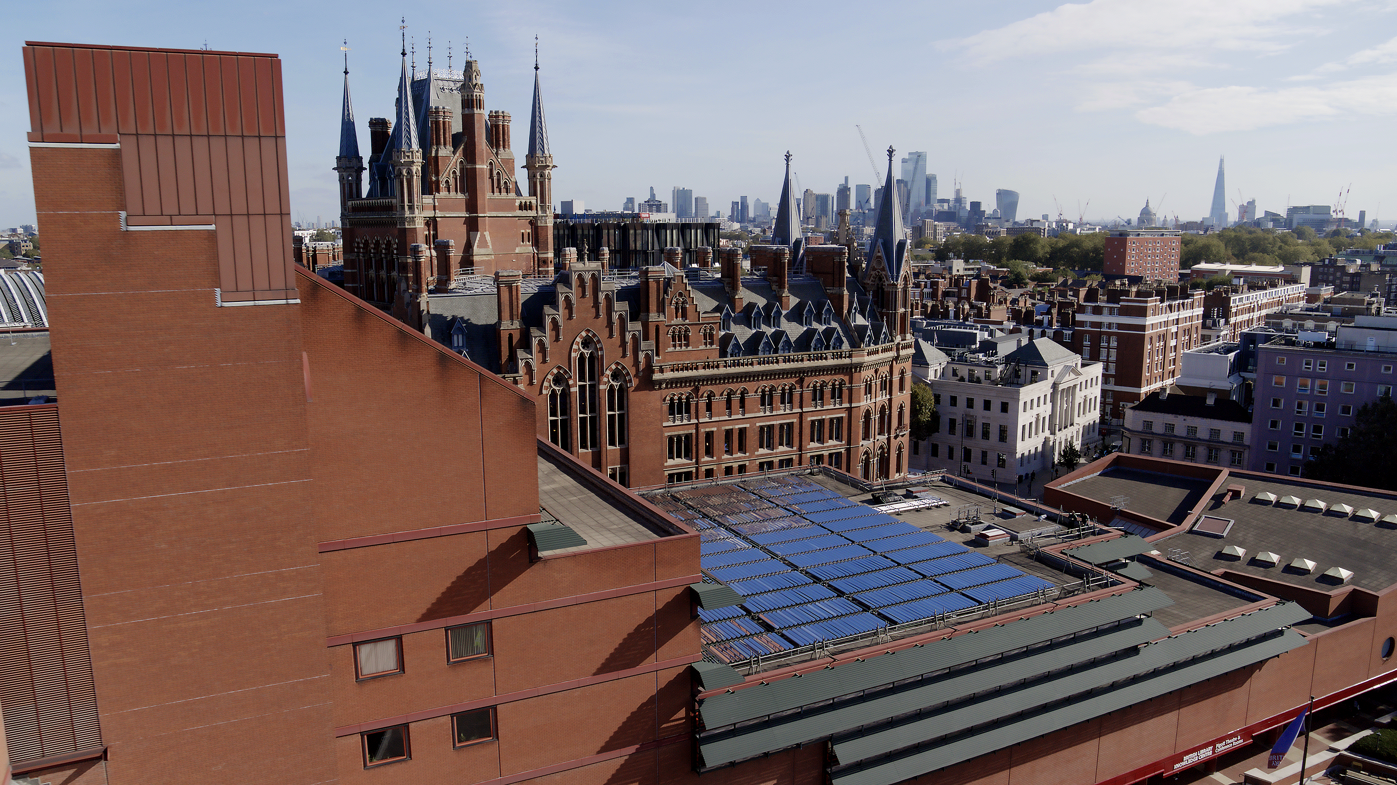 A view of solar panels on the British Library roof