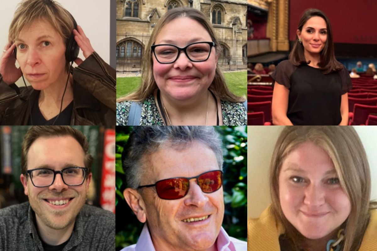 (Image alt text: a collage of head and shoulder photos of 6 of the new VocalEyes Trustees. The collage is arranged in 2 rows, people on each row: Top row, from left to right: Alex Bulmer, Sarah Boud, Anna Ayrapetyan. Bottom row, from left to right: Stephen Taylor,  Chris Lewis  and Alex McEwan)