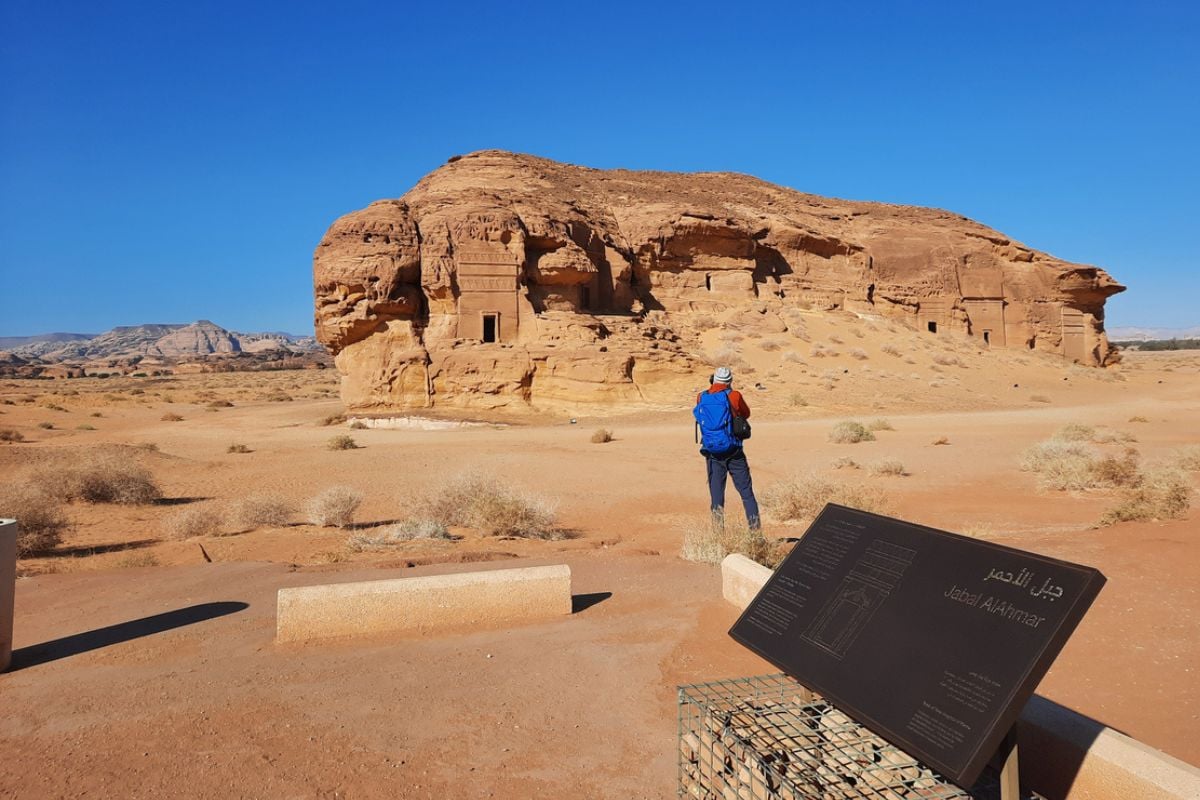 View of information boards installed for tourists from different countries of the world at tourist spots in AlUla, Madain Saleh.