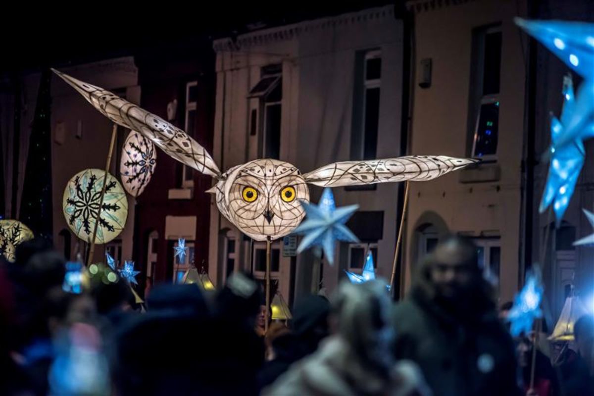 Lantern parade to mark the reopening of Spellow Hub Library in Liverpool with was set alight during far right riots in summer 2024 image Liverpool City Council